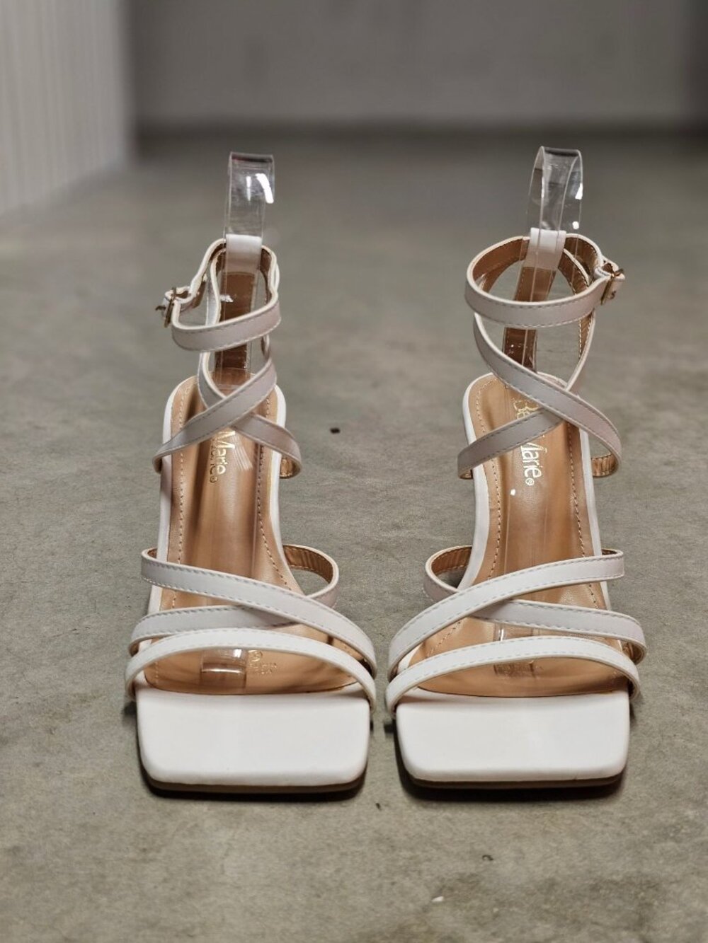 White Strappy Square-Toe Block Heel Sandals With Ankle Straps - Picture 8 of 12